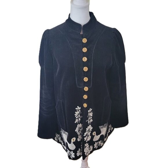 Elevenses Blackbird Jacket Black W/ White Embroidery Corduroy Coat Women's SZ 2 - Picture 1 of 16